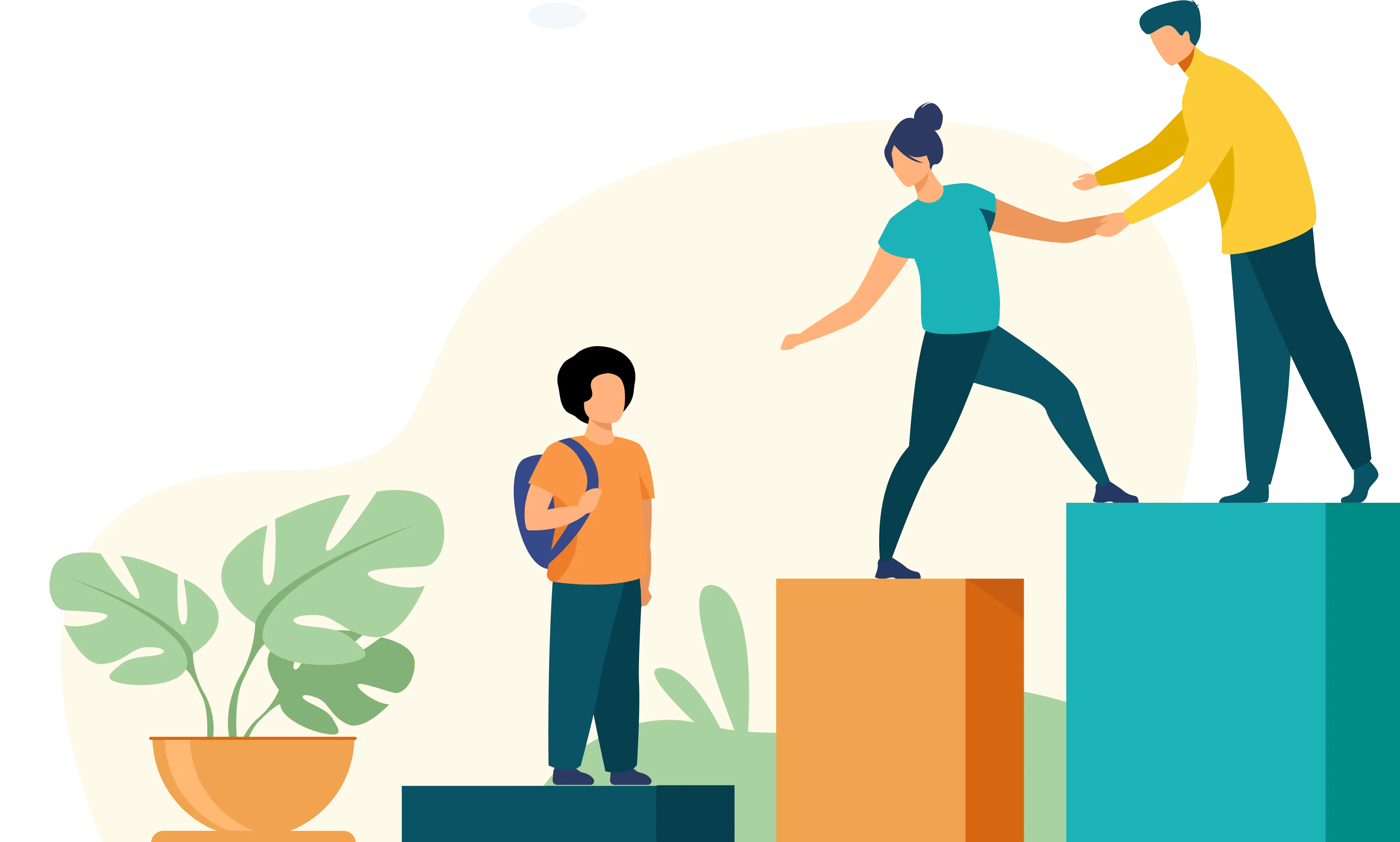 Illustration of parents climbing high steps and helping their kid